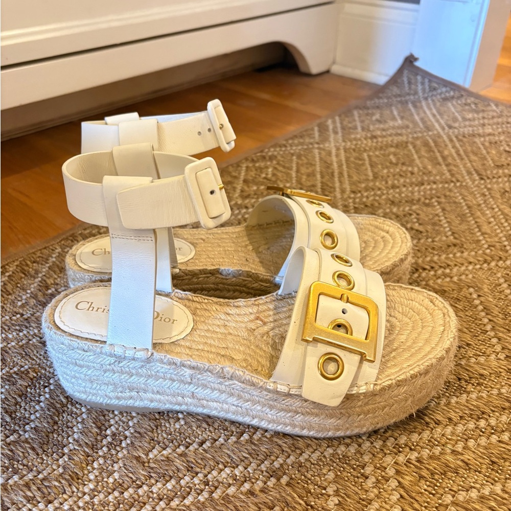 Dior White Espadrille Platform Sandals with Gold Buckle